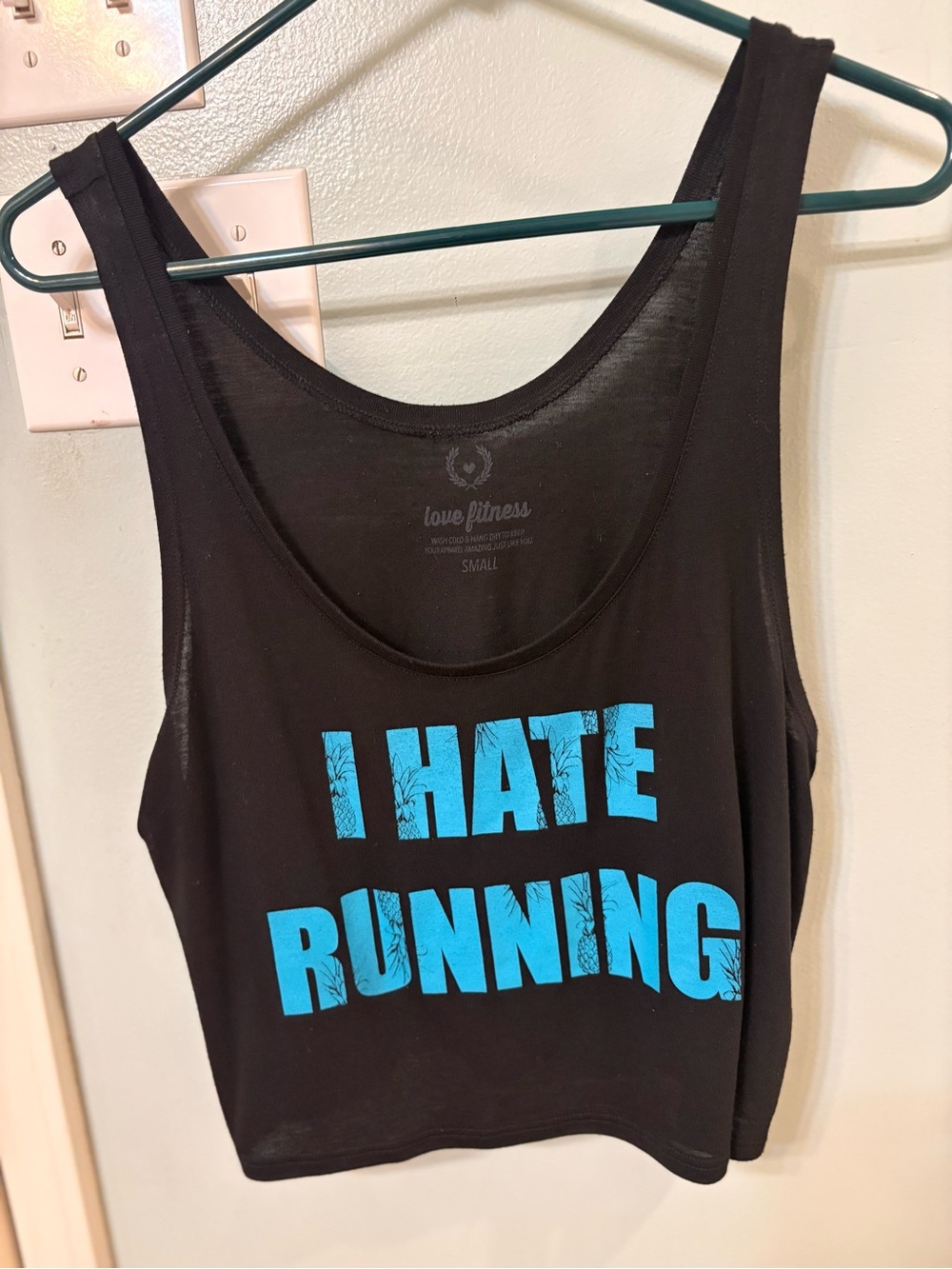 Love Fitness Black Crop Tank with Blue "I Hate Running" Graphic